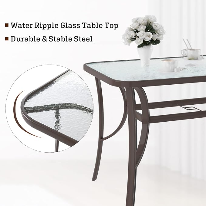 soges 47in Outdoor Patio Bistro Coffee Tea Table, Rectangular Tempered Glass Steel Frame Dining Table with Umbrella Hole,All Weather Outside Desk for Garden Balcony Backyard, Brown 30LHYW-OT02BR120