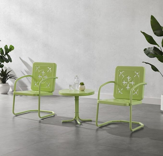 Crosley Furniture Azalea 3-Piece Vintage Outdoor Chair and Side Table Set, Retro Metal Patio Conversation Sets, Key Lime Gloss