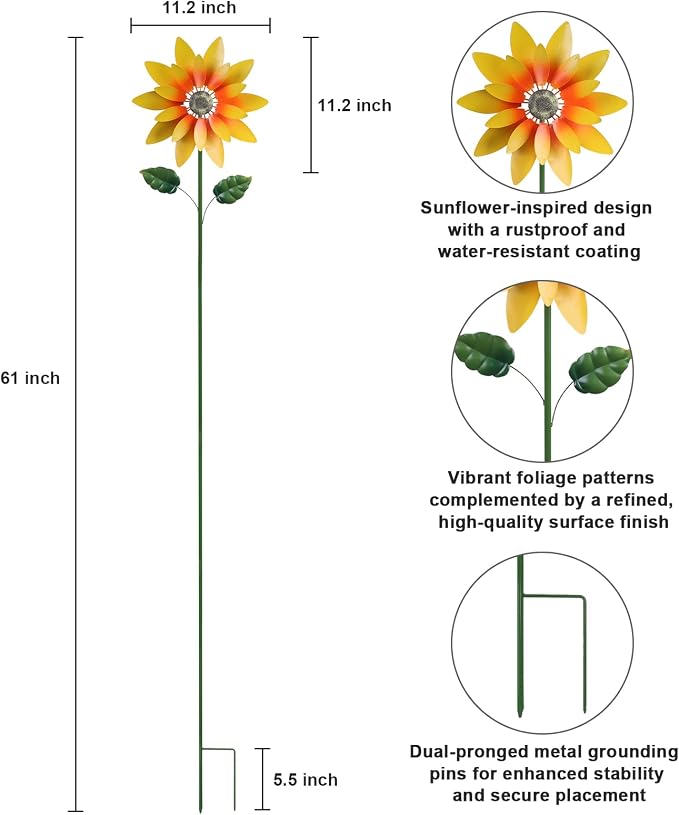 hogardeck Outdoor Wind Spinner, 61" Metal Sunflower Wind Spinner with Stake, 360° Rotating Windmill Yard Art, Kinetic Wind Sculptures for Home Lawn Backyard Patio Decor, Gifts for Garden Lovers