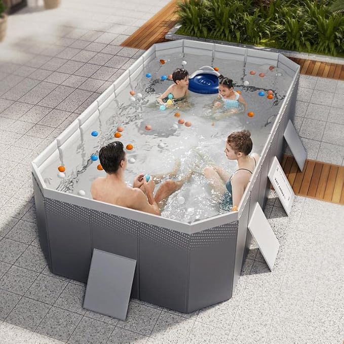 Foldable Swimming Pool, Rectangular Above Ground Swimming Pool for Outdoor Family Square Pool with Drain Plug and Drain Hole, Easy to Assemble Pool for Kids, Pets and Dogs(102.4" L x 65" W)