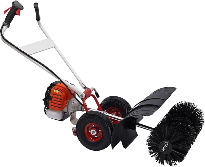 Gasoline Power Sweeper, 52CC 2-Stroke Double Handle Gas Powered Walk Snow Plow with Nylon Brush Sweeping Broom Hand Held Driveway Turf Cleaning for Artificial Grass Power Brush Lawn