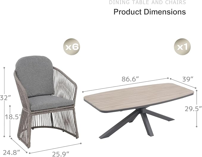 SUNSITT 7 Piece Outdoor Patio Dining Set, Patio Dining Furniture Set with 87” Aluminum Dining Table w/X Base Legs and 6 Woven Wicker Outdoor Patio Chairs w/Curved Armrest for Garden, Dark Grey