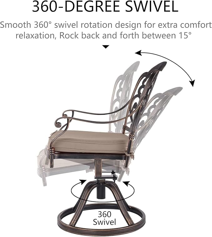 Grepatio 7 Piece Cast Aluminum Outdoor Dining Set, Patio Furniture Set with 2“ Umbrella Hole and 4 Chair & 2 Swivel Chairs with Cushions, Dining Furniture Set for Porch Poolside Garden (Khaki)