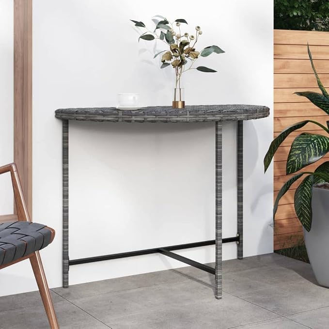 Wicker Half-Moon Patio Table, Half-Round Rattan Bistro Table, Gray 39.4"x19.7"x29.5" Poly Rattan, -283