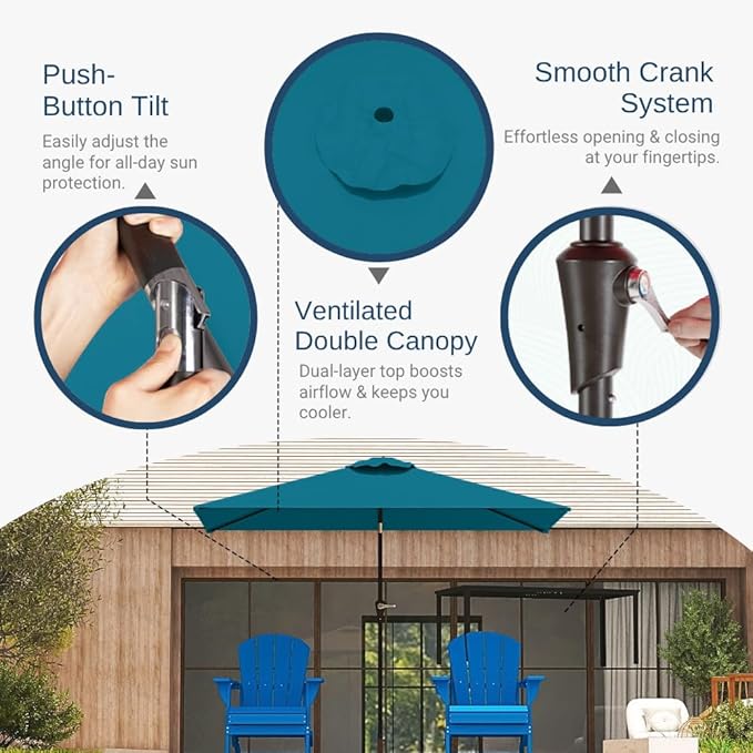 6.5' x 10' Rectangular Patio Umbrella Large Outdoor Market Umbrella w/UV Protection, Push Button Tilt and Crank Lift, Rectangle Table Umbrella for Garden, Deck, Pool, Patio, Lake Blue
