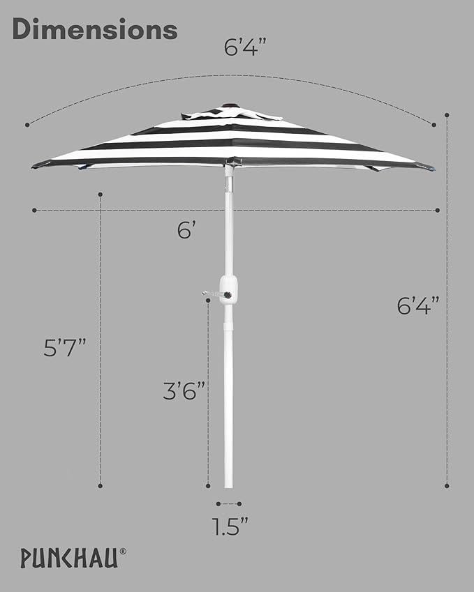 6 Ft Boho Outdoor Patio Umbrella, 6 Foot Patio Table Umbrella, Easy Open/Close Crank and Push Button Tilt Adjustment, Black & White Striped