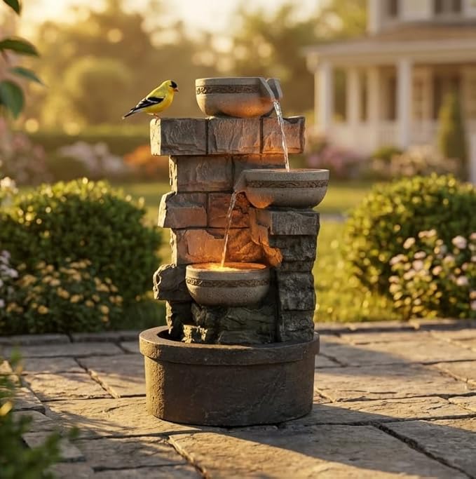 Water Fountian Outdoor - 3 Tiered Bowls Floor Stacked Stone Pump Waterfall Fountain,Good Rest Stop for Bird,Provide Flowing Water Feature for Outside Garden,Backyard,Lawn,27 Inch Tall