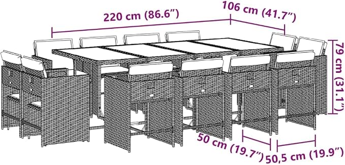 13 Piece Patio Dining Set with Cushions Brown Poly Rattan Outdoor Furniture for 12 People, Folding Chairs, Glass Table, UV-Proof Garden Dining Set for Backyard, Lawn, Porch, Easy Assembly