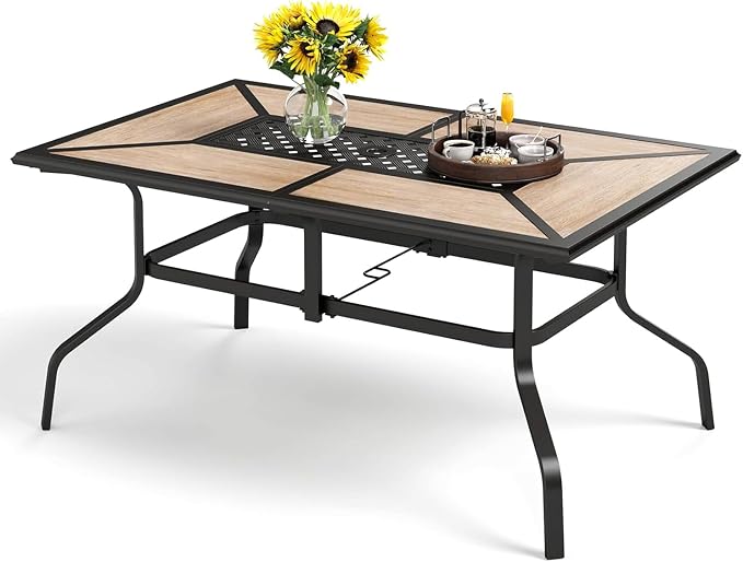 PHI VILLA Outdoor Dining Table for 6, Rectangular Metal Wrought Iron Table with Polywood Tabletop and Umbrella Hole, Large Heavy-Duty Furniture for Patio, Deck, Yard, Porch