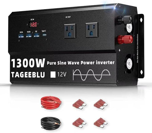 Pure Sine Wave Inverter [1300W] - 2600W Surge, 12V DC to 110V AC Heavy Duty Power Inverter for RV, Truck, Home, Solar, Off-Grid, Outdoor, Car Converter with 4 AC Outlet & 4 USB (30W QC & PD)