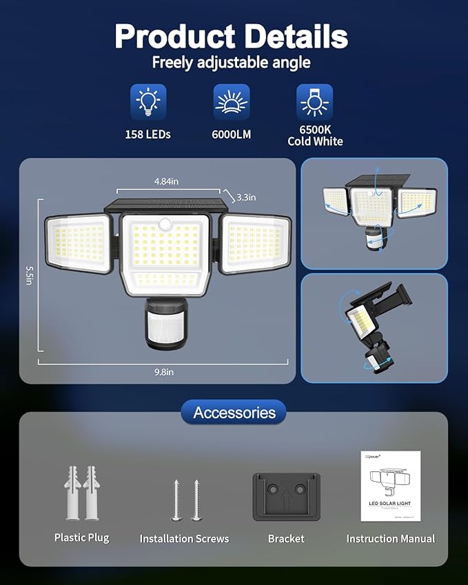 6000LM Solar Lights Outdoor, 4 Heads Motion Sensor Outdoor Lights, Solar Flood Lights for Yard House Outside Garage, IP65 Waterproof, 3 Modes, Easy Install, 3 Pack