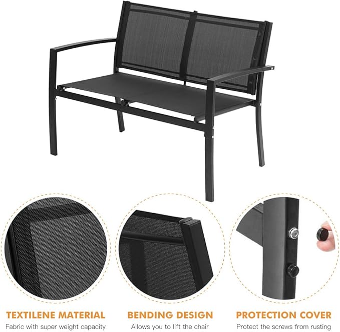 Henf 4 Pieces Patio Conversation Set, Outdoor Patio Furniture Set with Tempered Glass Coffee Table & Textilene Fabric/Iron Sofa for Porch Garden Poolside, Black