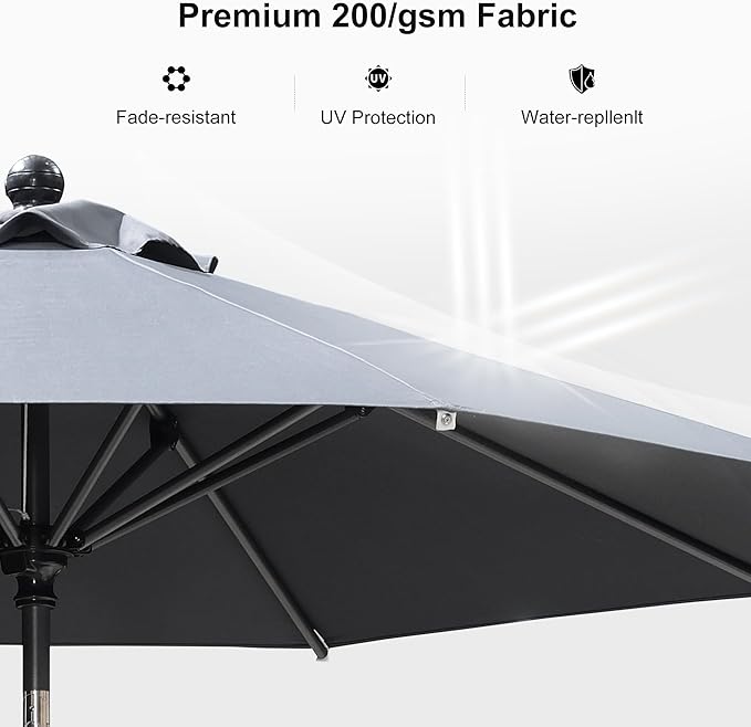 PURPLE LEAF 10' Round Patio Umbrella Outdoor Table Umbrella Aluminum Frame Market Umbrella Sun Umbrella with 8 Sturdy Ribs & Tilt for Garden Deck Lawn & Pool Gray