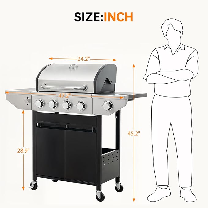 4 Burner Propane Gas Grill with Side Burner, Stainless Steel BBQ Grill 48,500 BTU for Outdoor Cooking Kitchen, Garden and Patio Backyard Barbecue, Dark Black and Silver