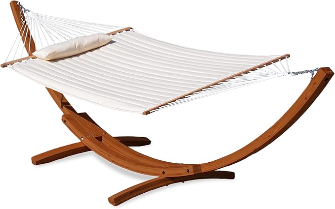 Lazy Daze Hammocks 12 FT Double Quilted Fabric Hammock and 13 FT Brown Wood Arc Stand, with Spreader Bar, Removable Pillow, 2 Person Hammock for Poolside Outdoor Patio, 450 lbs Capacity, Natural