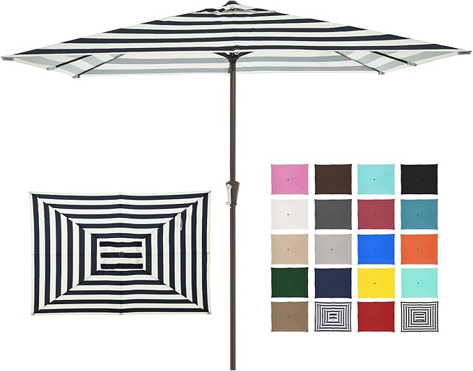 JEAREY 8x10 ft Rectangular Patio Umbrellas Outdoor Table Market Umbrella w/Crank, 8 Sturdy Ribs, UV Protection Windproof Sunproof for Garden, Deck, Backyard, Pool(Beige & Black Striped)