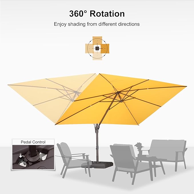 PURPLE LEAF 9' X 11.5' Rectangle Cantilever Umbrella with Base Patio Umbrella Outdoor Aluminum Antique Bronze Offset Hanging Umbrella with 360-degree Rotation for Pool Garden Backyard Deck, Yellow