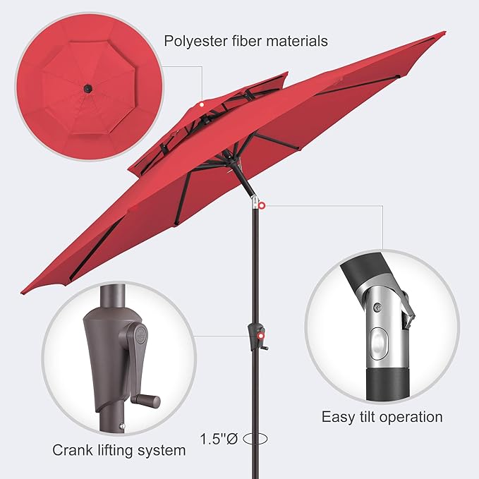 9FT Outdoor Patio Umbrella - 2 Tiers Table Umbrella Waterproof UV Protection, Sombrillas de Patio with Push Button Tilt, Sun Umbrella for Pool, Porch, Garden, Backyard (Red)