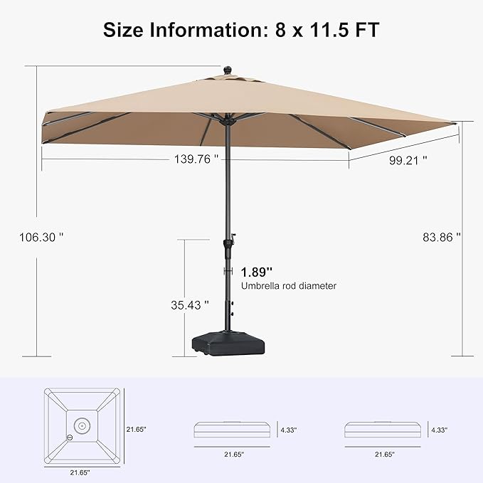 PURPLE LEAF 11.5' x 8' Rectangle Patio Market Umbrella with Base Outdoor Table Umbrellas Aluminum Frame Sun Shade with 8 Sturdy Ribs for Garden Deck Lawn Pool Taupe