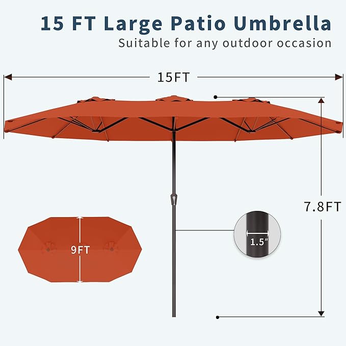 PatioKingdom 15FT Large Patio Umbrella with Base, Double Sided Rectangular Outdoor Umbrella with Sturdy Fiberglass Ribs, Market Umbrella for Pool,Garden,Backyard,Deck (Orange, 15FT)
