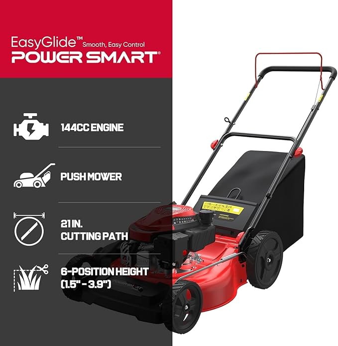 PowerSmart EasyGlide 21-inch 144cc Push Gas Lawn Mower, 3-in-1 Mulch/Bag/Side Discharge, Steel Deck, 6 Height Adjustment