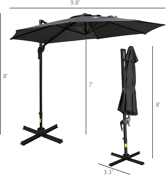 10ft Offset Patio Umbrella with Base, Hanging Aluminum and Steel Cantilever Umbrella with 360¡ã Rotation, Easy Tilt, 8 Ribs, Crank, Cross Base Included for Backyard, Poolside, Garden, Gray