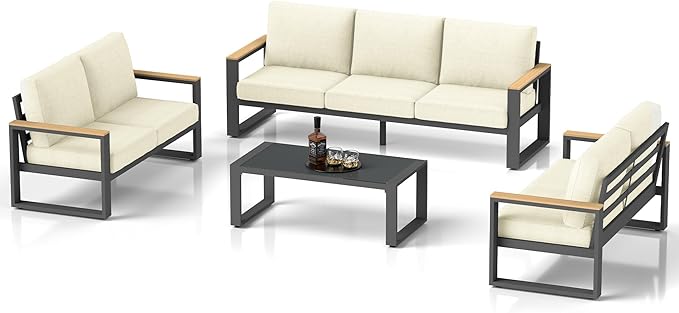 RoyalCraft Aluminum Patio Furniture Set, 7-Seats Metal Outdoor Furniture Set with Coffee Table, Modern Patio Sofa Sets Outdoor Conversation Set for Garden Pool Porch Backyard, Beige