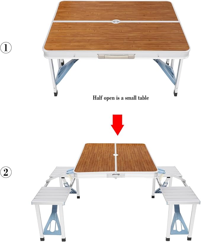 Picnic Table,Folding Picnic Table with Umbrella Hole, Aluminum Suitcase Portable Outdoor Table with Bench, Patio, Porch or Camping Table and Chair Set (Wood Color, Aluminum Alloy)