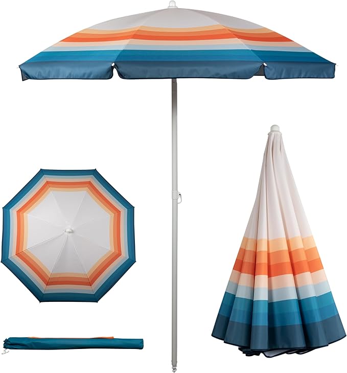 PICNIC TIME 5.5 Ft Portable Beach Umbrella, Lightweight UV Protection Sunshade with Tilt Pole & Carry Bag, Outdoor Canopy Umbrella for Beach, Sand, Pool, Patio, Camping, Travel, or Backyard Shade, (Phoenix Stripe)