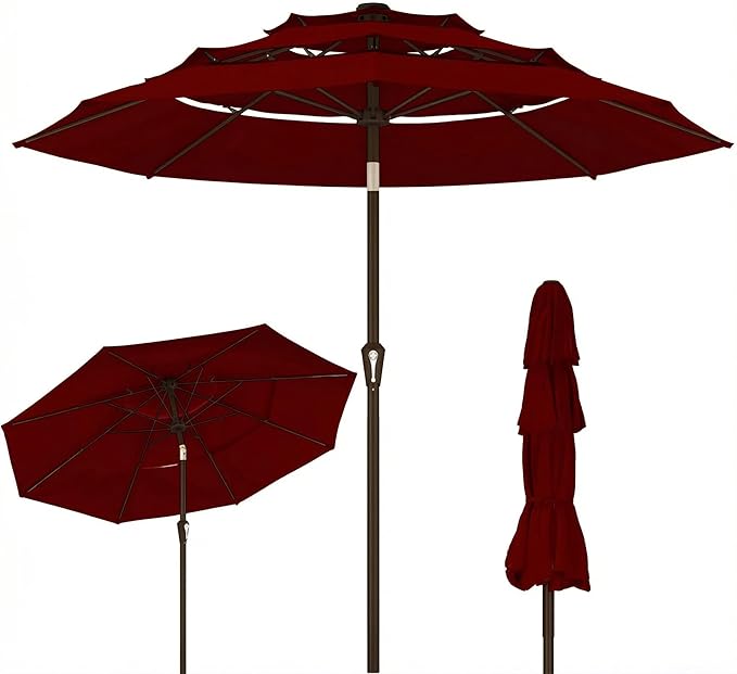 Kingdura 9ft 3-Tier Patio Umbrella, Outdoor Table Umbrella with Easy Crank & Tilt, 8 Reinforced Ribs, UV Protection for Deck, Pool, Market, Backyard (Dark red)