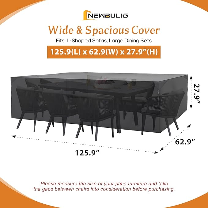 NEWBULIG Waterproof Patio Furniture Covers, Heavy-Duty 600D 126"L x 63"W x 28"H All-Weather Outdoor Furniture Cover Anti-UV with Air Vent for Couch, Sectional Sofa, Table and Chair, Black