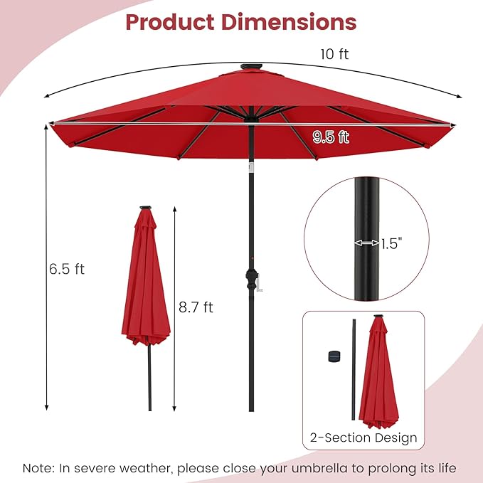 Tangkula 10 FT Solar Patio Umbrella, Outdoor Market Table Umbrella with 96 Multi-Colored Flowing LED Lights, 9 Modes, Tilt Adjustment, Crank Handle, 8 Ribs, Vented Top for Backyard Poolside Deck Lawn