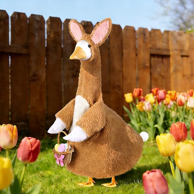 Easter Bunny Goose Outfit for 23" Porch Goose Holiday Brown Bunny Costume with Brown Basket Easter Party Outdoor Garden Patio Yard Lawn Art Decoration