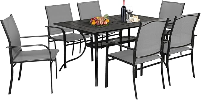 Incbruce 7 Pieces Outdoor Dining Set, Patio Metal Dining Set of 6 Textilene Chairs and Rectangle Table with Umbrella Hole for Lawn, Garden, Porch and Backyard (Grey)