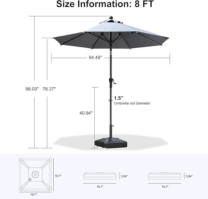 PURPLE LEAF 8' Round Patio Market Umbrella with Base Outdoor Table Umbrellas Aluminum Frame Sun Shade with 8 Sturdy Ribs Tilt for Garden Deck Lawn Pool Light Gray
