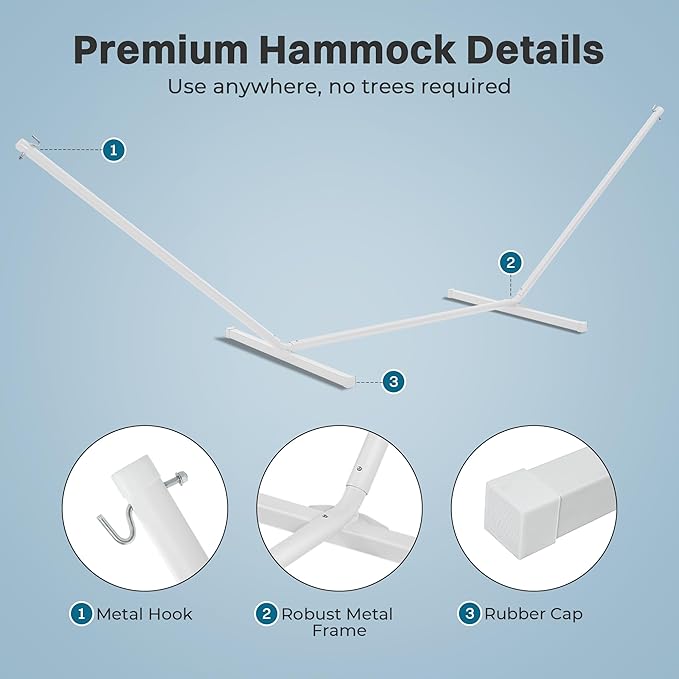 SUPERJARE Hammock with Stand, 2 Person Heavy Duty Hammock with Padded Cotton, Detachable Pillow & Strong Curved-Bar & Portable Carrying Bag, Perfect for Outdoor & Indoor, Sky Blue