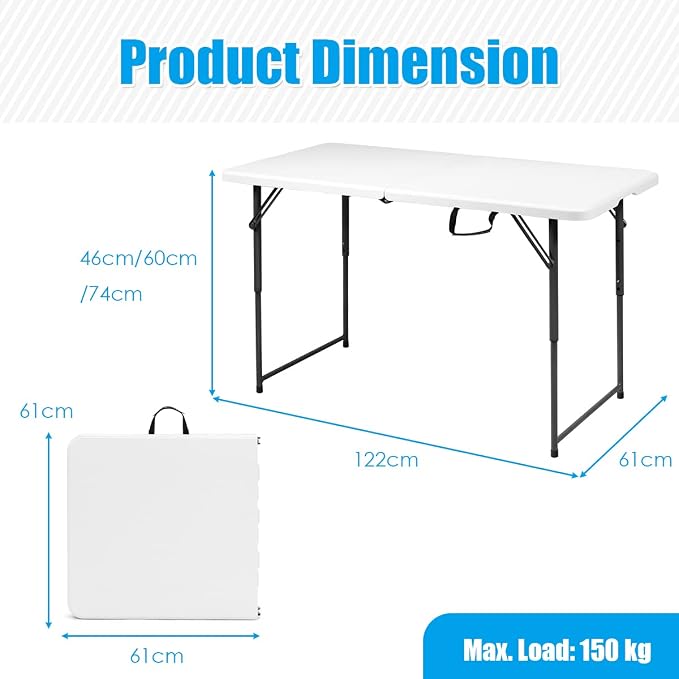 TANGZON 4FT Folding Picnic Table, 3 Adjustable Heights Camping Table with Carry Handle, Indoor Outdoor Dining Table for BBQ Catering Buffet Party, 150KG Capacity (Black Feet, 122 x 61 x 46/60/74cm)