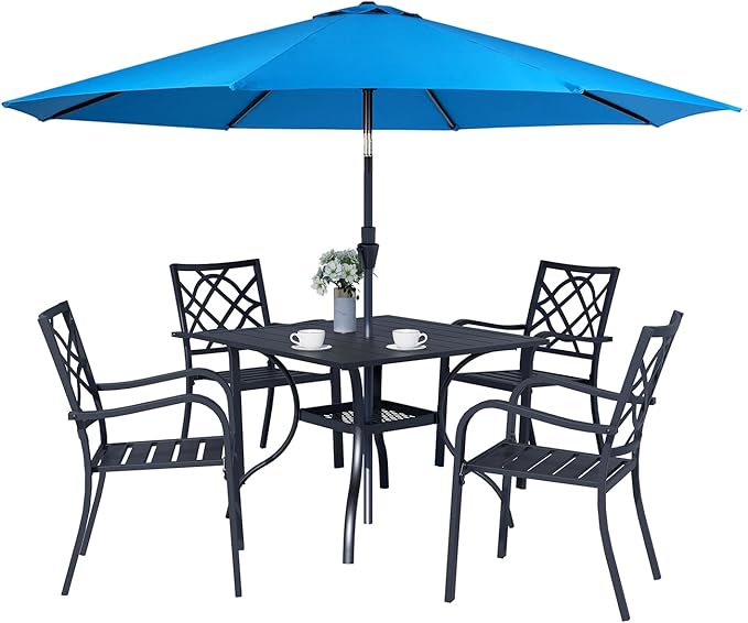 Crownland 5 Piece Outdoor Dining Set, Patio Metal Dining Sets, 4 Stackable Metal Chairs and Square Outdoor Dining Table with Sky Blue 9FT Round Outdoor Umbrella, for Backyard, Garden (Classic Black)