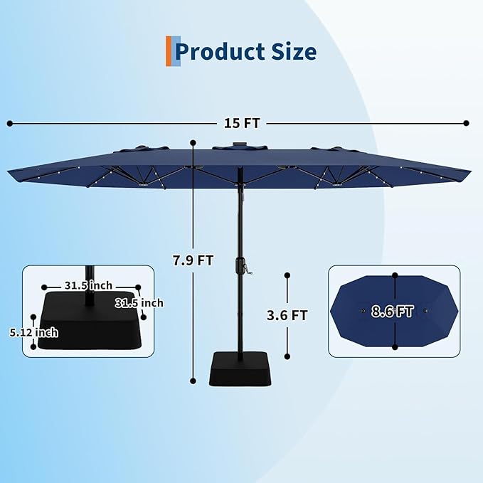 Garvee 15FT Rectangular Outdoor Umbrella Patio Umbrella with Solar Lights & Base Included Large Market Umbrellas with Crank Handle UV Protection Table Umbrellas for Outdoor, Backyard, Deck, Navy Blue