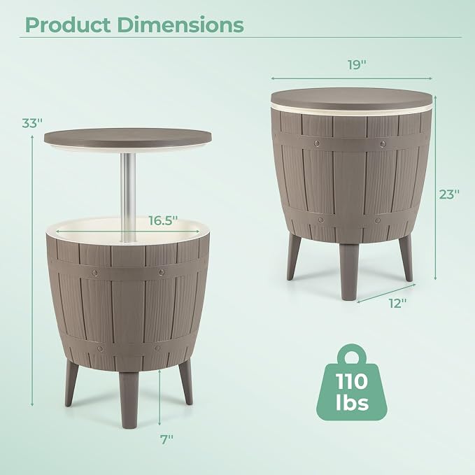 10 Gallon Cooler Table, Cool Bar Table with Height Adjustable Tabletop & Drainage Plug, 3-in-1 Cocktail Drinks & Wine, Outdoor Cooler Side Table for Backyard, Party, Poolside (Brown)
