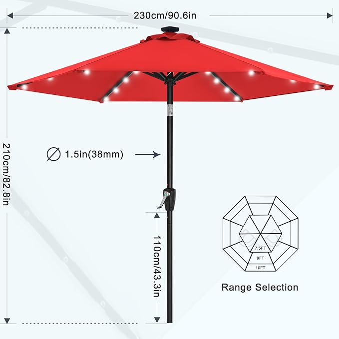 MASTERCANOPY 7.5FT 6Ribs Patio Umbrella with 32 Solar LED Lights, Outdoor Market Umbrella with Tilt & Crank, UV Protection & Fade Resistant Fabric, Easy Set-Up for Garden, Deck, Pool (Red)
