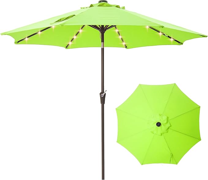 9FT Solar-Powered LED Patio Umbrella with Tilt Crank,Outdoor Market Umbrella with 32 Lights,Sunshade for Deck, Garden and Pool