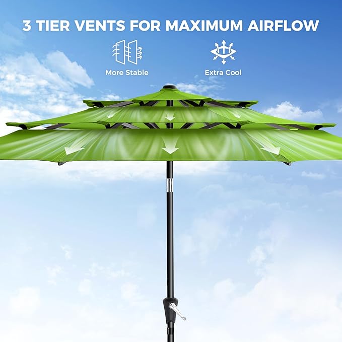 HOMSHADE 9FT 3-Tiers Outdoor Patio Umbrella with 5-Year Fade Resistant,Vented Outdoor Commercial Market Umbrella with UPF50+ UV Protection & Push Button Tilt and Crank for Pool,Backyard(Apple Green)