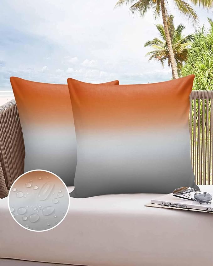 Outdoor Waterproof Throw Pillow Covers Set of 2 Orange Grey Ombre Pillowcases 16x16 Inches Gradient Gradual Color Patio Decorative Pillows Cushion Case Patio Pillows for Couch Bed Chair Garden