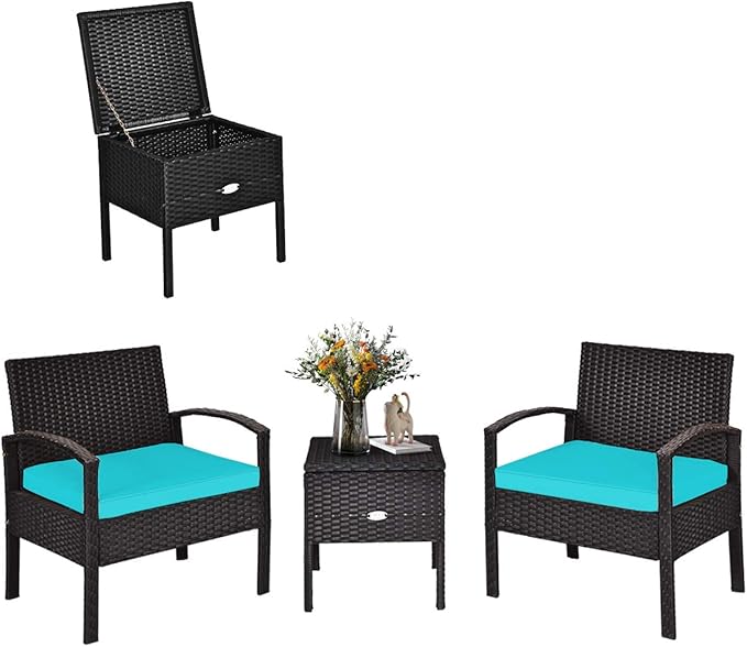 Tangkula 3 Pieces Patio Wicker Conversation Set, Outdoor Rattan Furniture with Washable Thick Cushion & Coffee Table w/Storage Space, Patio Furniture Set for Backyard Porch Garden Poolside (Turquoise)