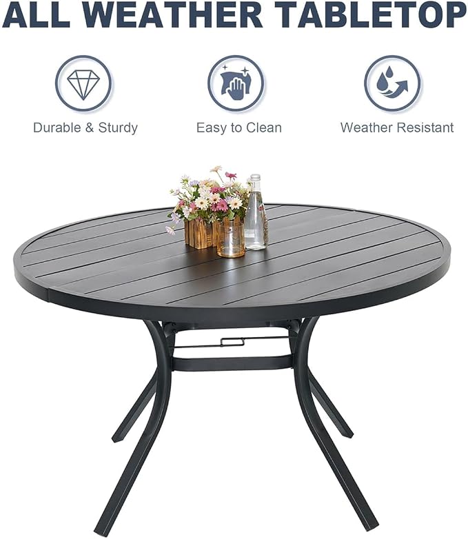 Anmutig 5 Piece Patio Dining Set 41 Inch Round Table Stackable Chairs Red | Powder-Coated Steel Frame, Quick-Dry Textilene Mesh, Dual-Size Umbrella Hole, Weather Resistant, Patio, Garden, Backyard