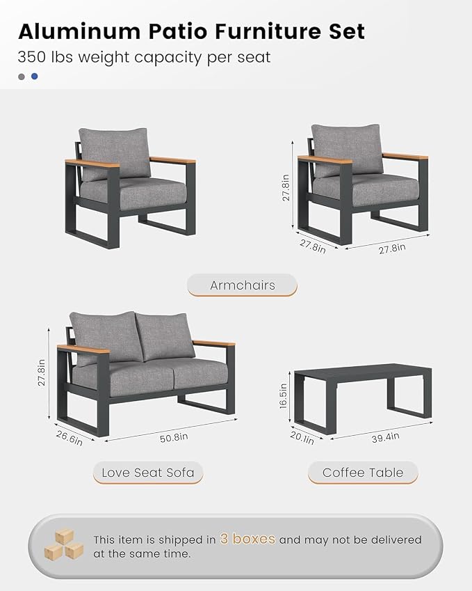 Aluminum Patio Furniture Set, 4 Piece Metal Outdoor Furniture Set with 6″ Thick Washable Cushions & Coffee Table, All Weather Patio Conversation Sets for Yard, Poolside, Garden (Grey)