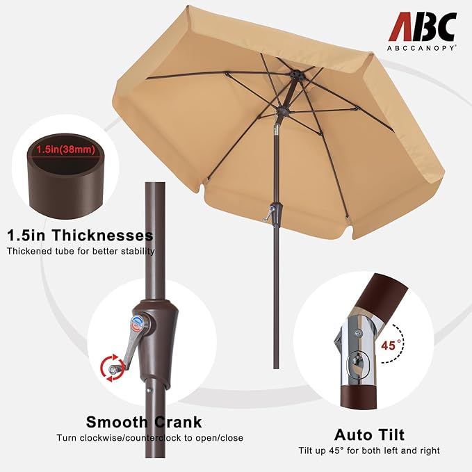 ABCCANOPY 7.5ft Scalloped Patio Umbrella, Outdoor Table Umbrella with Tilt and Crank, Fiberglass Ribs Deck Umbrella for Patio, Pool, Garden, Picnic (Sand)