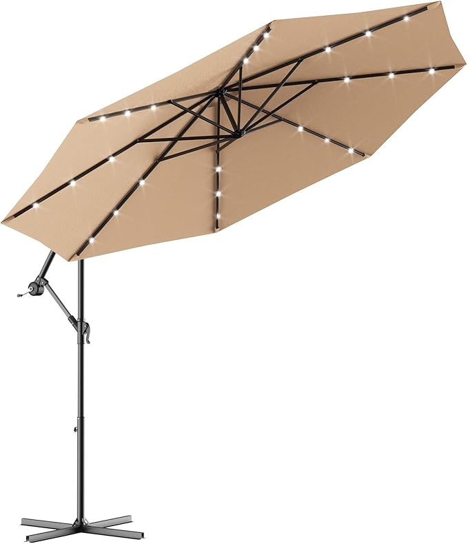Tangkula 10FT Outdoor Patio Umbrella Solar LED Lighted Sun Shade Market Umbrella with Hanging Cover and Cross Base (Beige)