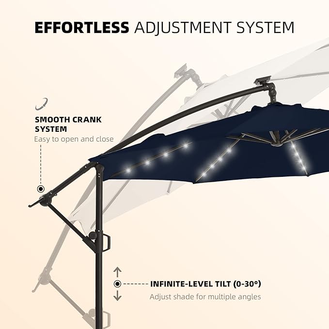 wikiwiki 10ft Solar LED Offset Hanging Market Cantilever Patio Umbrella for Backyard, Poolside, Lawn and Garden, Easy Tilt Adjustment, Polyester Shade & Cross Base, Navy